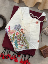 Marun Handloom Cotton Saree With Embrodery Work Redy Made Blouse